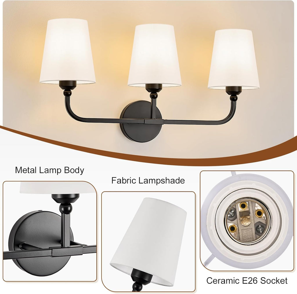 Bathroom Vanity Light, Matte Black Bathroom Lighting Fixtures Over Mirror | 3-Light Bathroom Light Fixtures with