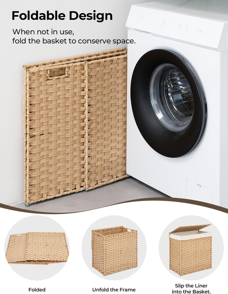 110L Wicker Laundry Hamper with Lid, 2 Section Wicker Laundry Basket, Large Basket for Dirty Clothes, Hamper with