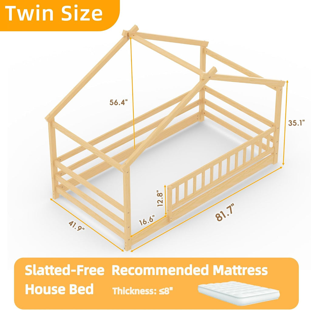 Twin Size House Bed for Kids, Twin Montessori Floor Bed with Roof and Guardrails, Solid Wood Low-Profile Frame
