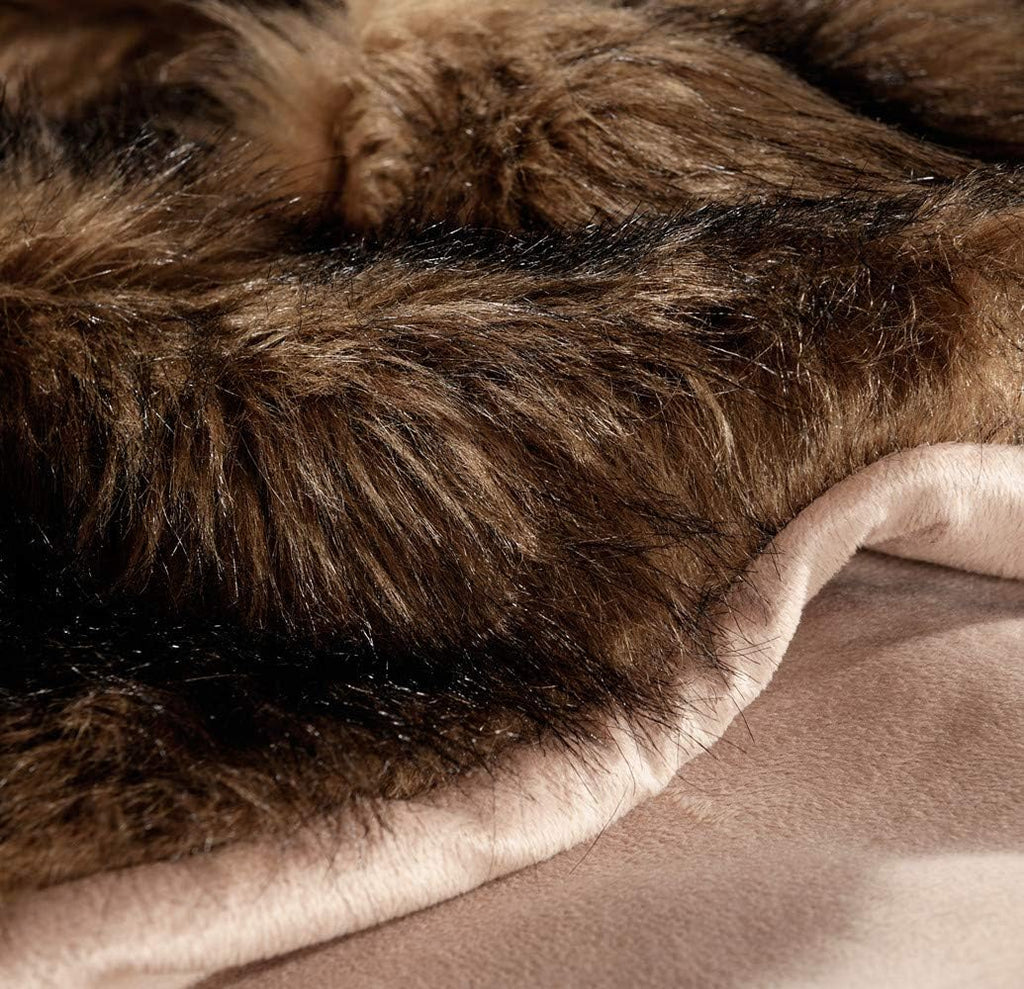 Luxury Plush Faux Fur Blanket Queen, Long Pile Brown with Black Tips, Oversized Super Warm, Fuzzy, Elegant, Fluffy