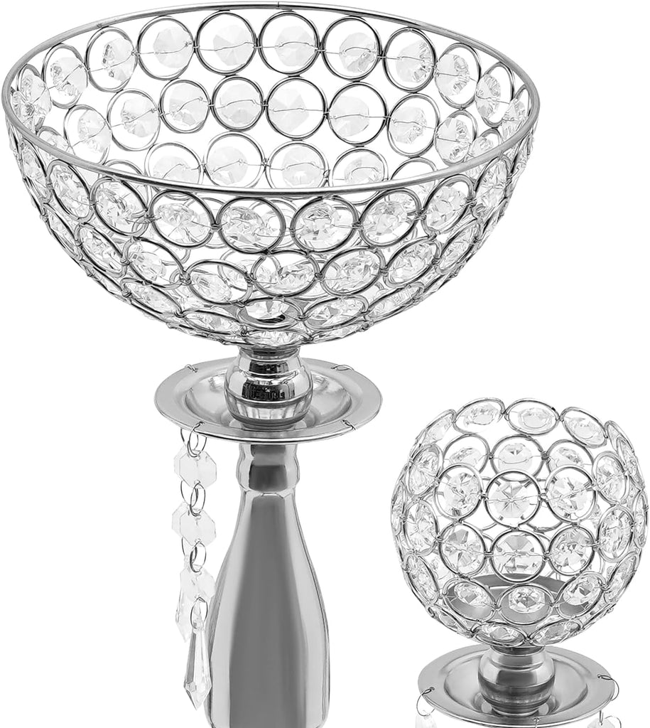 5 Arms Gold Candelabra Centerpiece with Crystal Pendant - 35" Tall Floor Candle Holder Table Candelabra Standon (Silver)