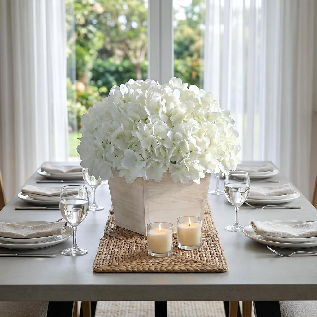 10" Artificial Hydrangea Flower in Planter for Table Centerpiece(White) | No Assembly Needed, Silk Faux Flowers in