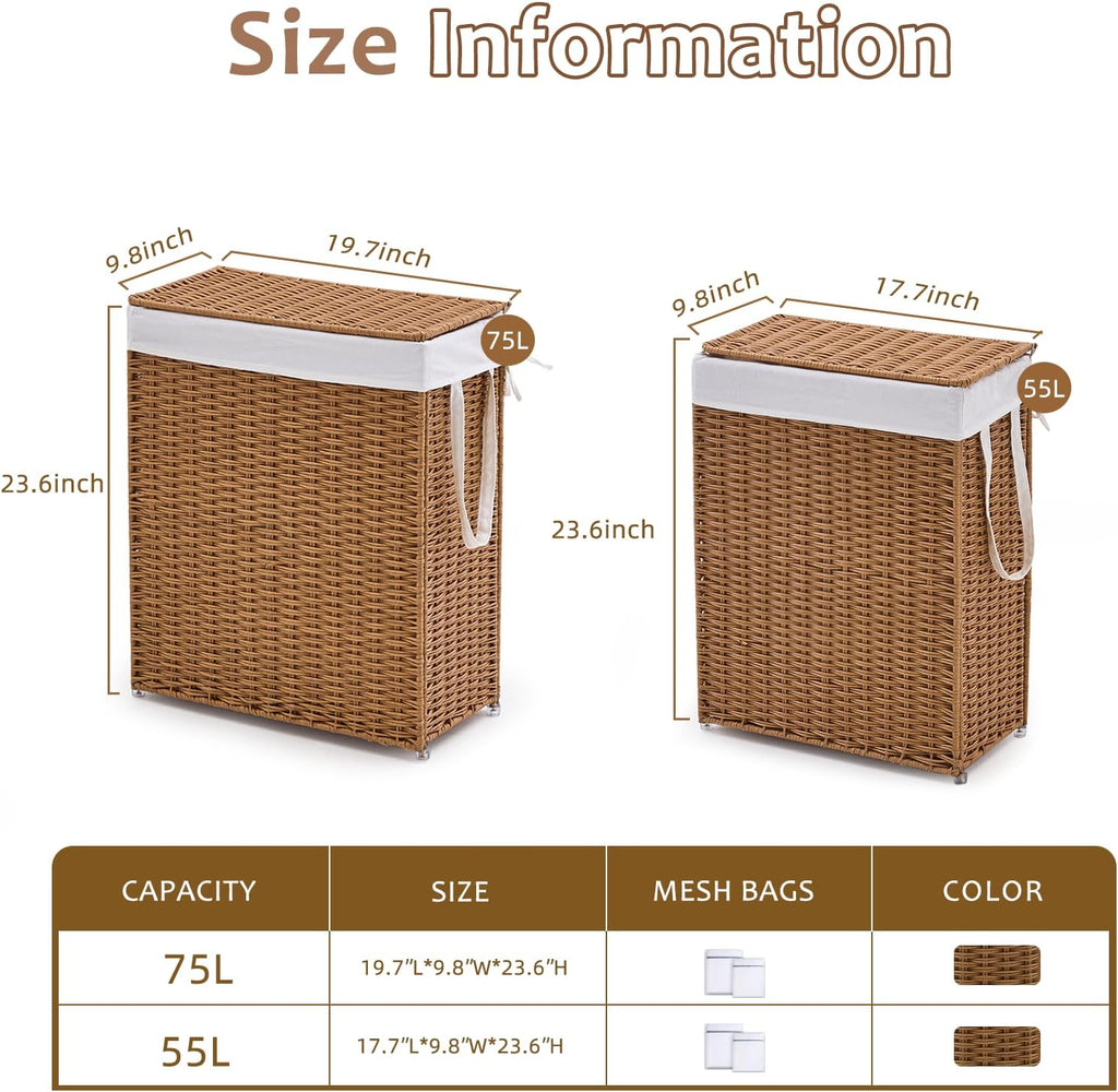 Slim Wicker Laundry Hamper with Lid, 75L Handwoven Rattan Basket with Handles, Narrow Laundry Basket with Removable