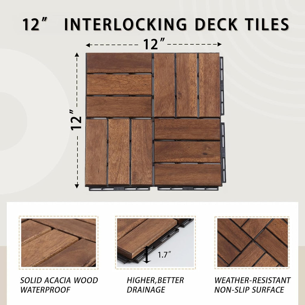 Deck Tiles - Pack of 10 Waterproof Acacia Wood Patio Tiles, Flooring Tile for Indoor and Outdoor - 12 x 12 inches