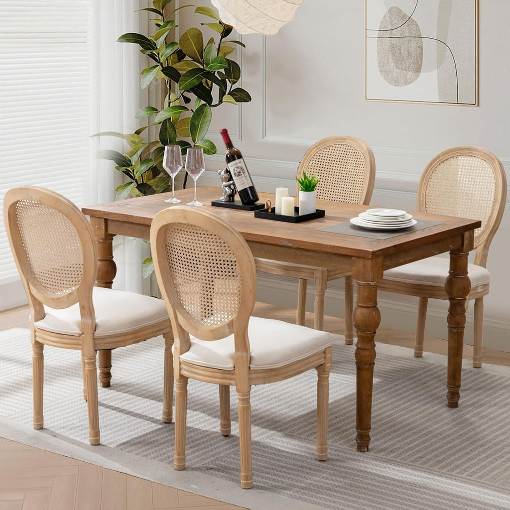 Rattan Back Upholstered Dining Chairs Set of 4 French Country Oval Kitchen Side Chairs with Wood Legs for Dining Room