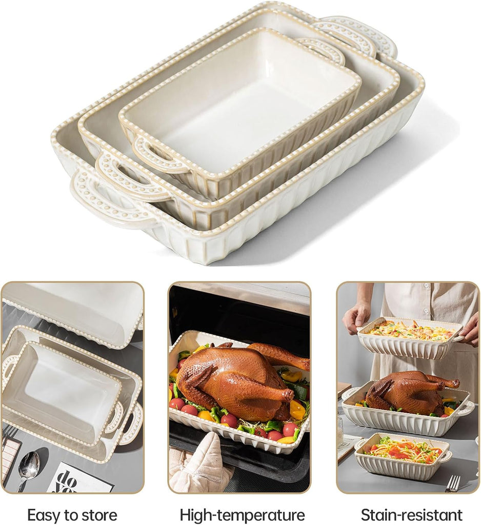 Ceramic Dish Set of 3, Rectangular Casserole Dishes for Oven Lasagna Pan with Handles Cooking, Housewarming Wedding