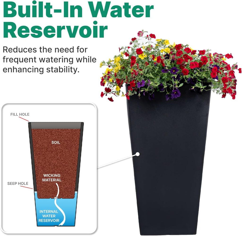 Tremont Tall Square Tapered Planter 2-Pack, 28 in Resin Planters, Self-Watering, Onyx Black