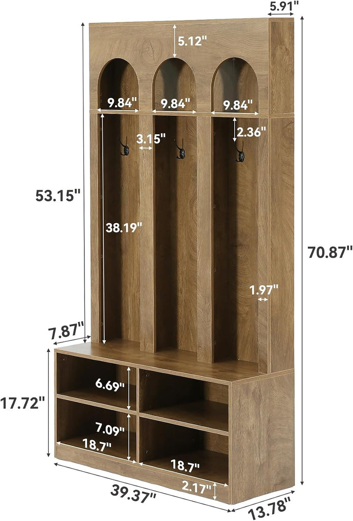 Hall Tree, 70" Entryway Bench with Coat Rack and Shoe Storage | 6 Double Hooks, Mudroom Bench with Storage and Hooks