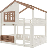 Bunk Bed Full Over Full with Ladder, House Bunk Beds with Bookshelf and Window for Kids, Teens, Beige & Natural