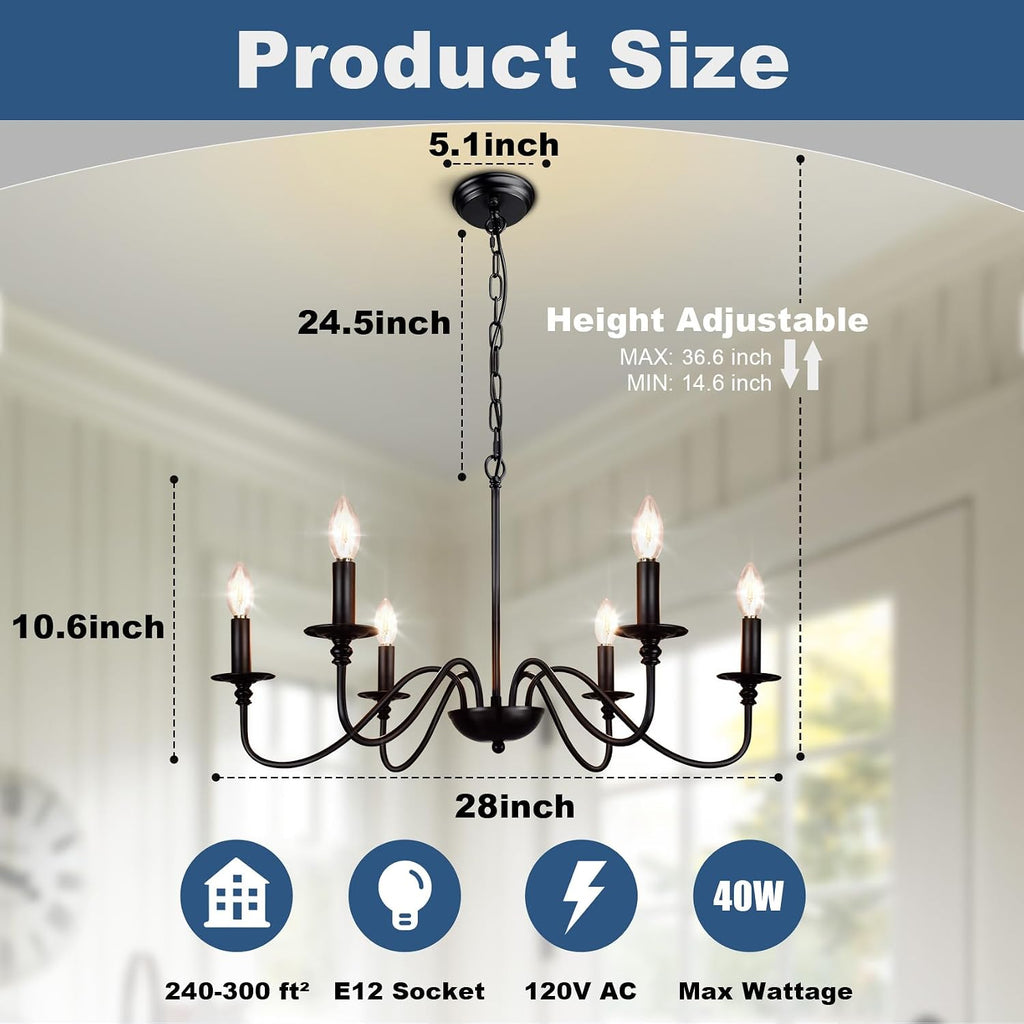 Farmhouse Chandelier for Dining Room: 6-Light Black Industrial Kitchen Island Pendant Light Fixture - Rustic Candle