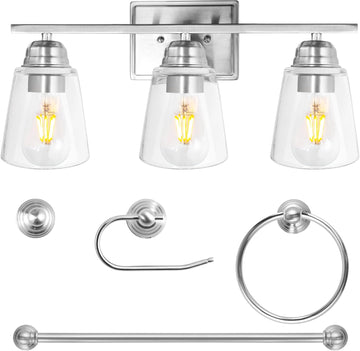 3-Light Bathroom Vanity Light, 5-Piece All-in-One Bathroom Set | 20 Inch Modern Wall Lamp, Brushed Nickel Wall Sconce