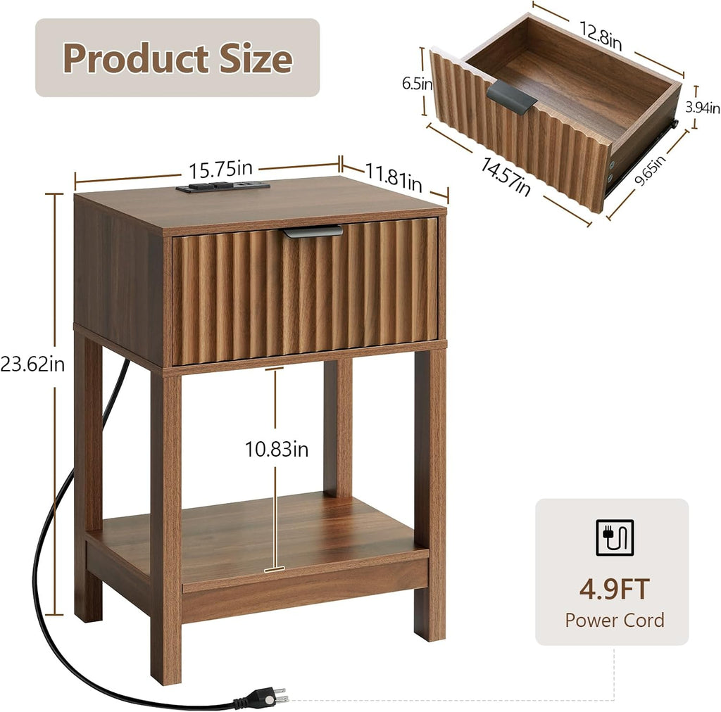 Night Stand Set 2, Fluted Nightstand with Charging Station, Wood Bedside Table with Drawer & Storage Shelf, Modern