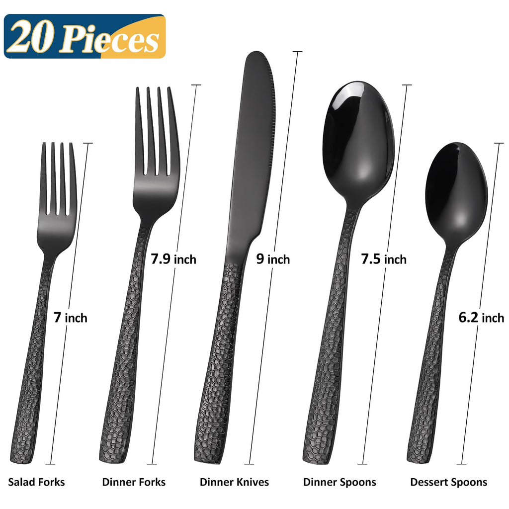 20 Piece Black Modern Flatware Set Hammered Silverware Set Stainless Steel Fine Vintage Dining Cutlery Utensil Set