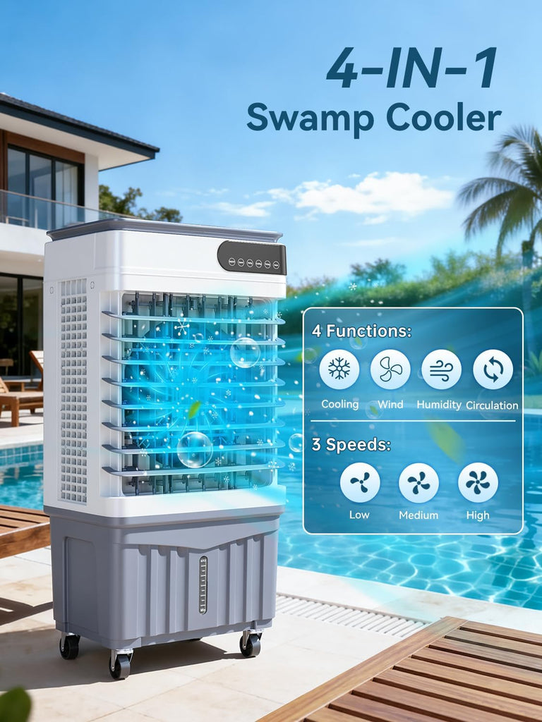 2600CFM Swamp Cooler, 4-IN-1 Evaporative Air Conditioners With 8.5 Gal Water Tank, 4 Ice Packs, Remote, 12H Timer