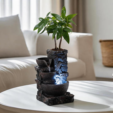 Indoor Tabletop Water Fountain with Planter Pot, Small Desk Waterfall with Cool LED Lights, Zen Decor, Calming