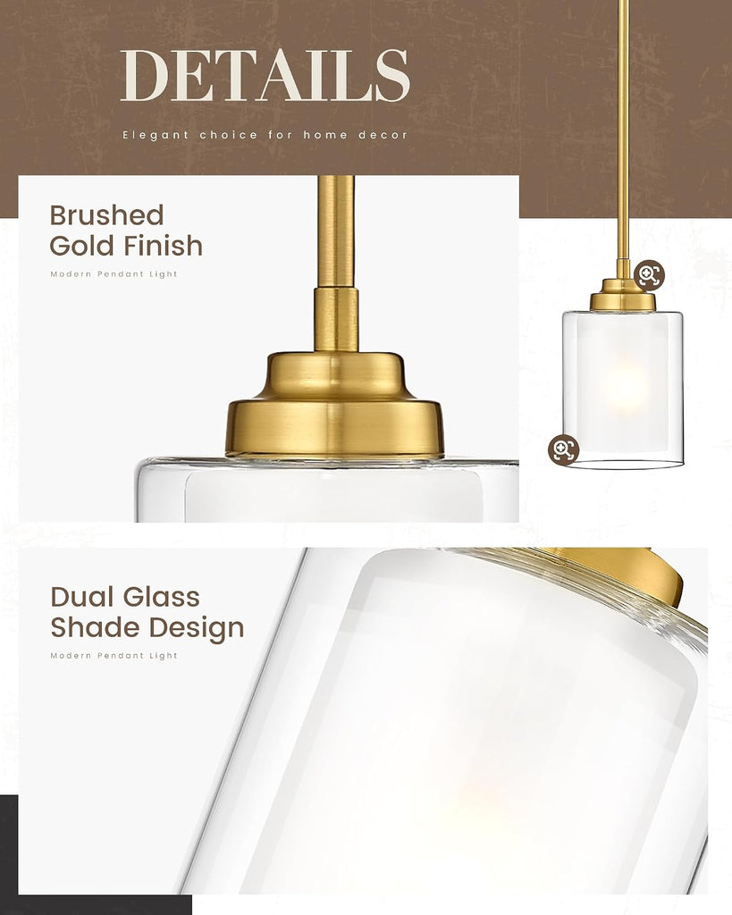 Modern Pendant Light, Brushed Gold Modern Pendant Light for Kitchen Island, Hanging Ceiling Light Fixture, Farmhouse