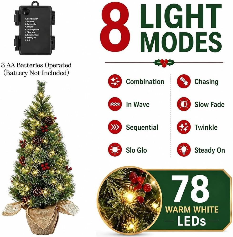 3FT Prelit Artificial Christmas Tree with 78 Lights & Burlap Base, 1 pcs