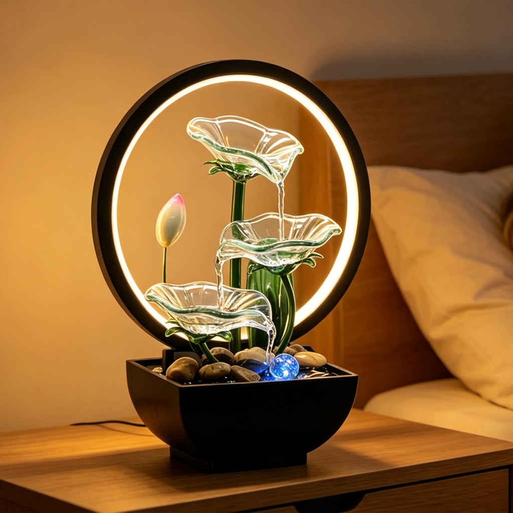 Tabletop Water Fountain,3-Tier Transparent Acrylic Lotus Leaf Zen Fountain,Indoor Water Feature with Lotus,LED Ring