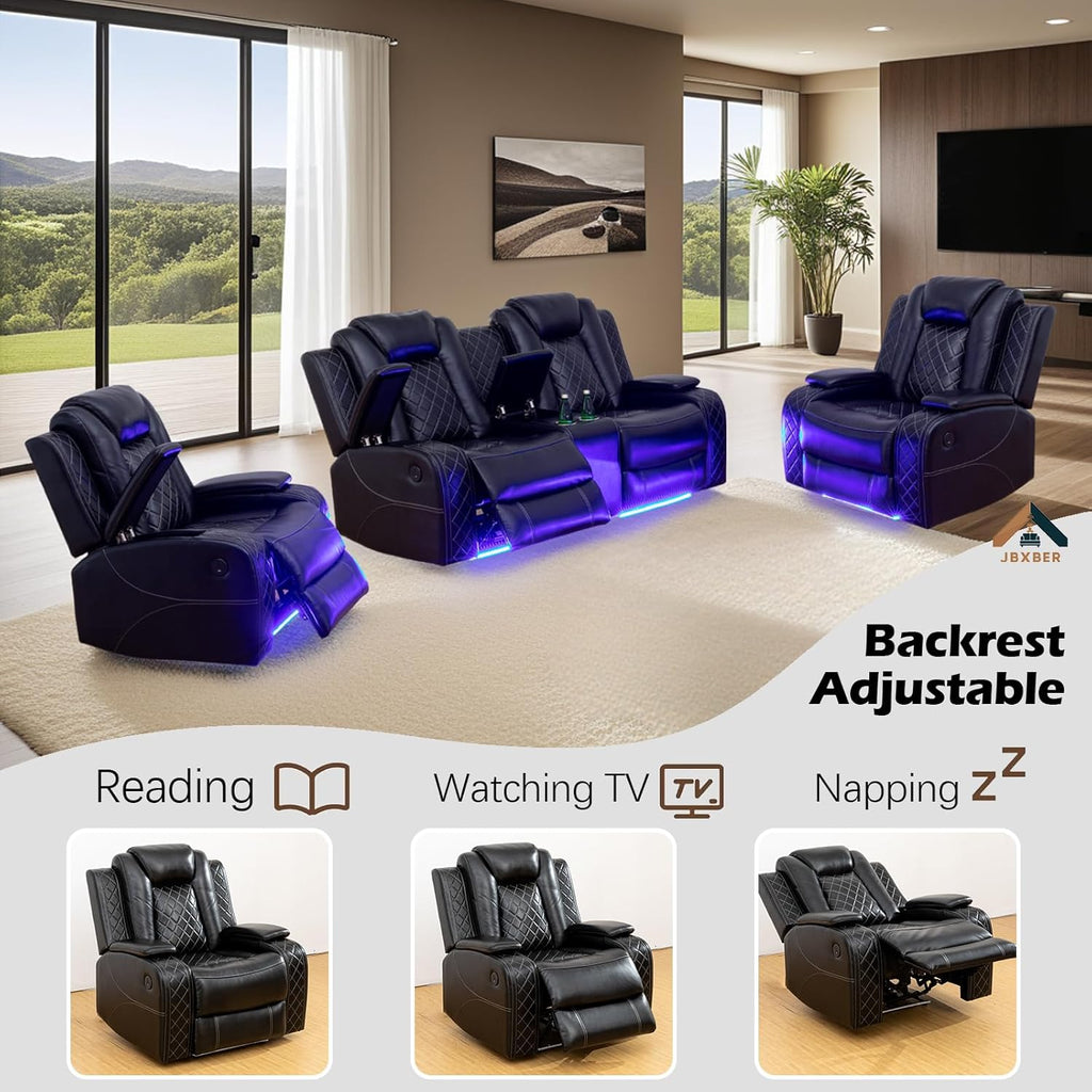 Power Recliner Sofa Set with LED Lights, Black Leather Reclining Loveseat and Chairs with Storage Console, USB Ports