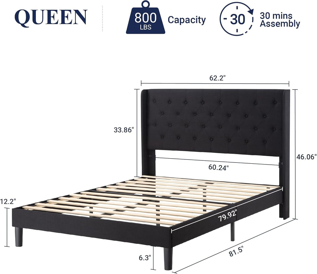 Queen Bed Frame with Button Tufted Wingback Headboard, Modern Upholstered Bed Frame with Solid Wooden Slats Support