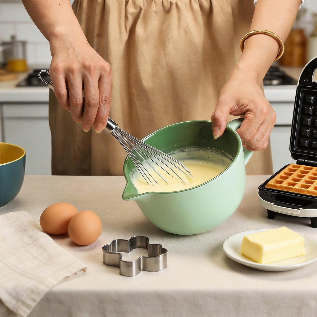 Simple Solid Color Kitchen Ceramic Mixing Bowl, 1 Quart Large Bowl, with Pouring Spout and Handle
