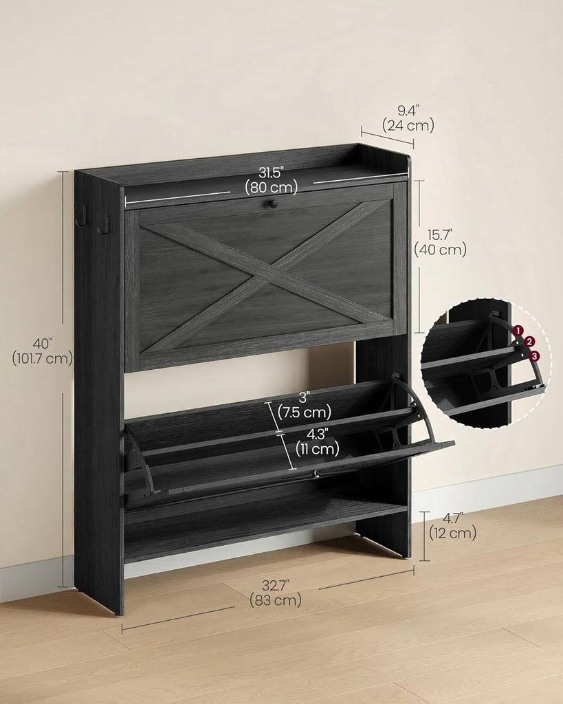 Shoe Storage Cabinet Organizer with 2 Flip Drawers, Freestanding Narrow Shoe Rack Cabinet , Farmhouse Style, Fits 14