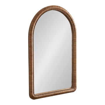 Rahfy Boho Beaded Arched Rattan Wall Mirror, 24 x 36, Dark Natural Wood, Decorative Rounded Arch Mirror with