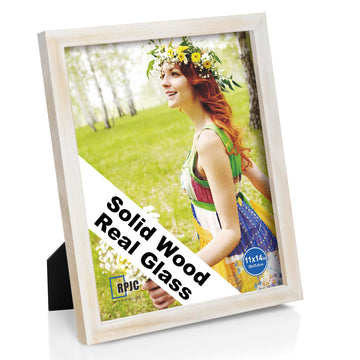 11x14 Solid Wood Picture Frame with Real Glass Cover Rustic White