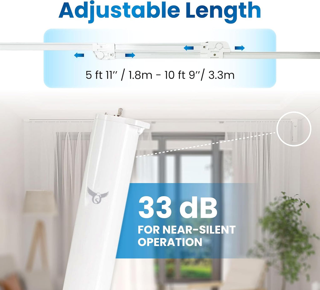 Smart Motorized Curtain Track, 71-130in, No-Cut Adjustable Electric Rail, ~33dB Quiet Motor, Remote & App Control