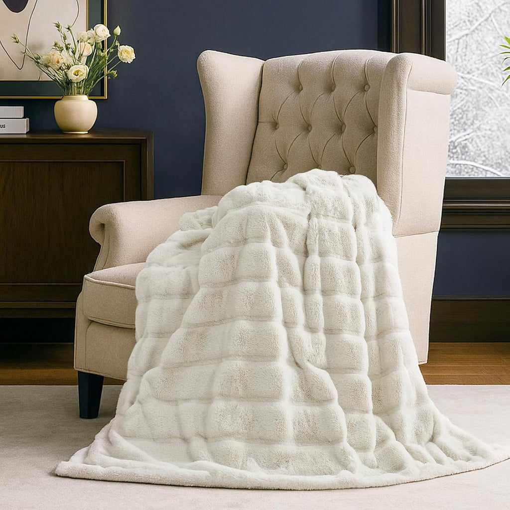 Deluxe Sheared Rabbit Faux Fur Throw Blanket, Soft Fuzzy High-Low Sculpted Plush Blanket, Cozy Home Accent, All