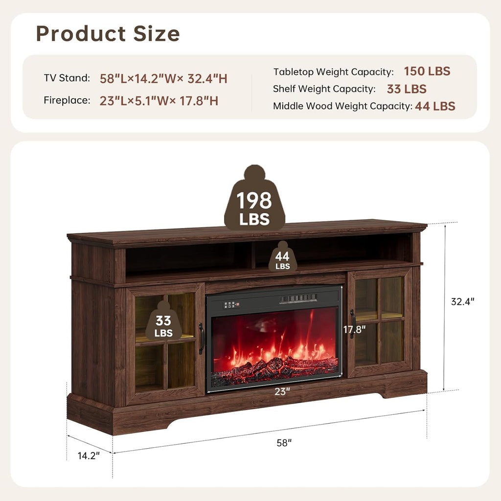 58" Fireplace TV Stand, Modern Entertainment Center for TVs Up to 70", TV Console with Storage Cabinets, Media