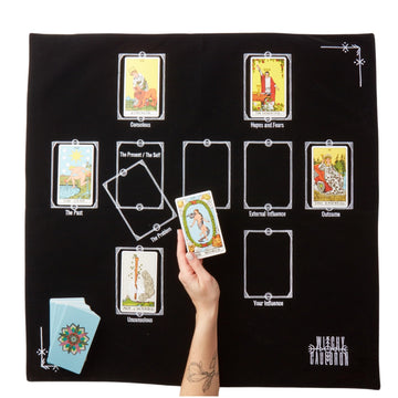 Tarot Cloth for Reading - Embroidered Velvet Altar Cloth with Celtic Cross Spread Guide, 10 Numbered Card Positions