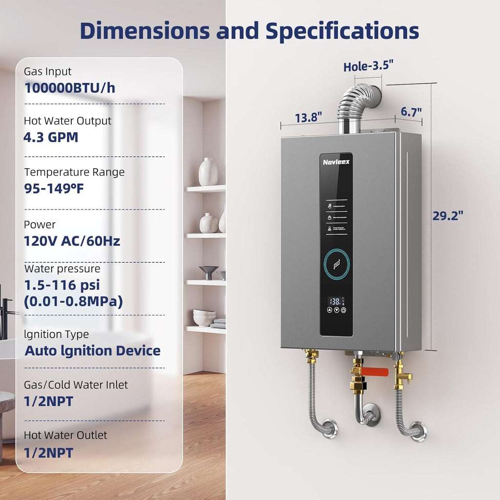 Tankless Water Heater, Novieex On Demand Water Heater Natural Gas, Up to 4.3 GPM, 100