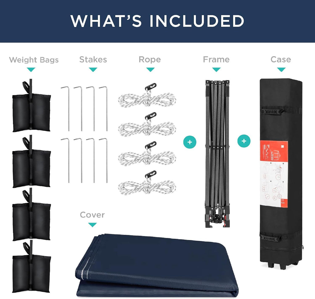 10x10ft Pop Up Canopy Tent, Outdoor Shade, 1 Person 1 Minute Set Up, Carry Case, 4 Weight Bags - Navy Blue