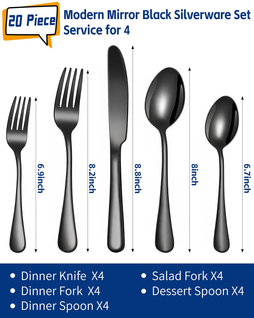 20-Piece Black Silverware Set, Stainless Steel Flatware Set for 6