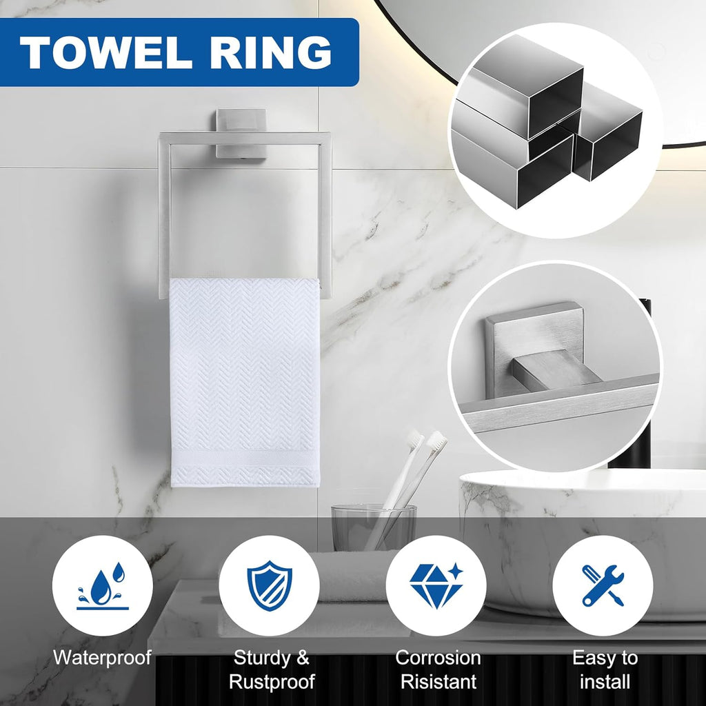 15-Pieces Brushed Nickel Bathroom Hardware Set, 24 inch Towel Bar Set | Towel Bar, Square Towel Ring Toilet Paper