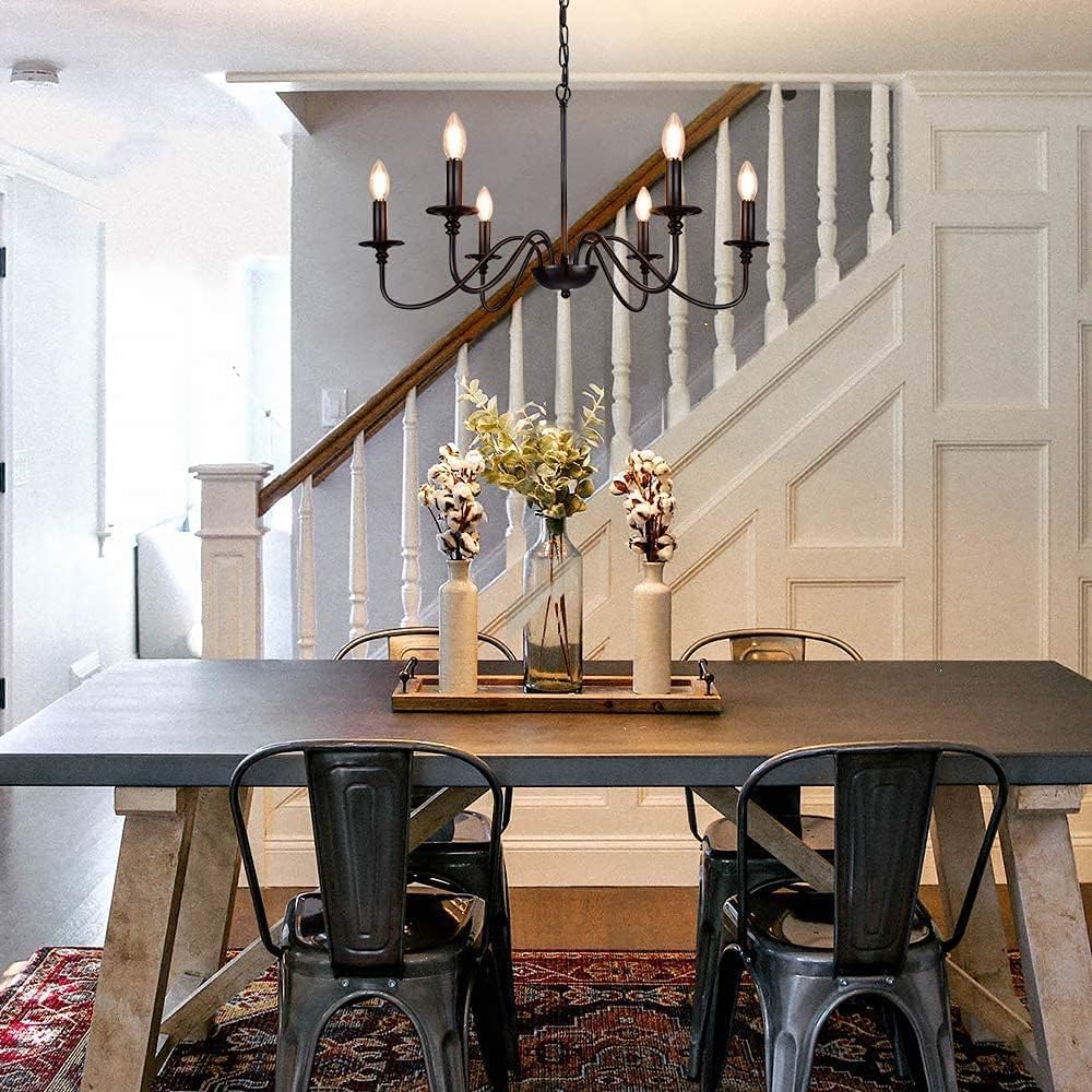 Farmhouse Chandelier for Dining Room: 6-Light Black Industrial Kitchen Island Pendant Light Fixture - Rustic Candle