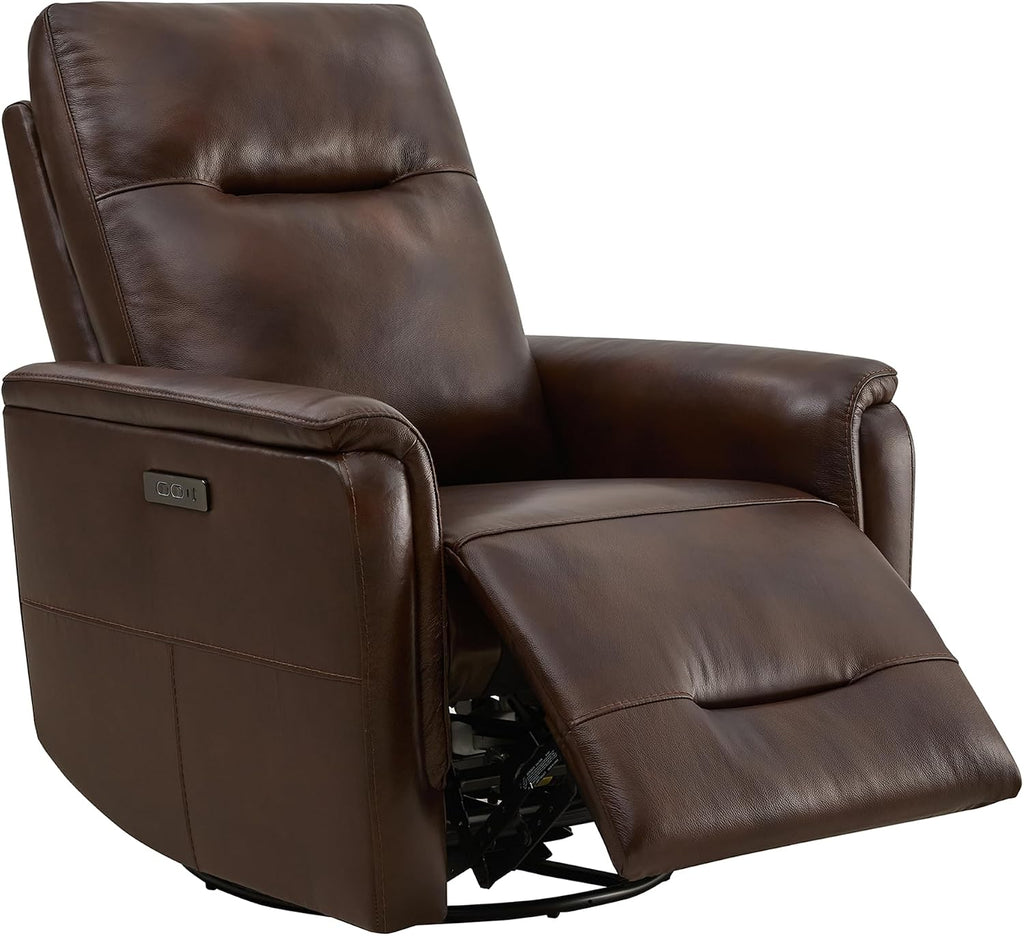 Genuine Leather Swivel Recliner Chairs for Adults, Electric Glider Rocker W Power Headrest USB-C Charger , Brown