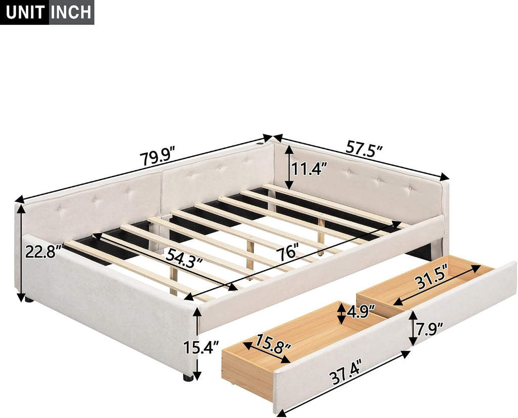 Queen Corner bedframe with Twin Twin Trundle and USB,Upholstered daybed, L-Shape daybed Living Room, Beige + Linen