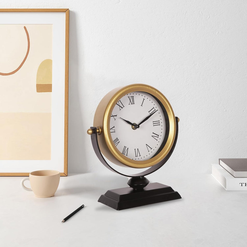 Desk Clock - Classic Vintage Clock and Decorative Shelf Decor,Silent Non-Ticking Clock with Distressed Metal Frame for Office, Living...
