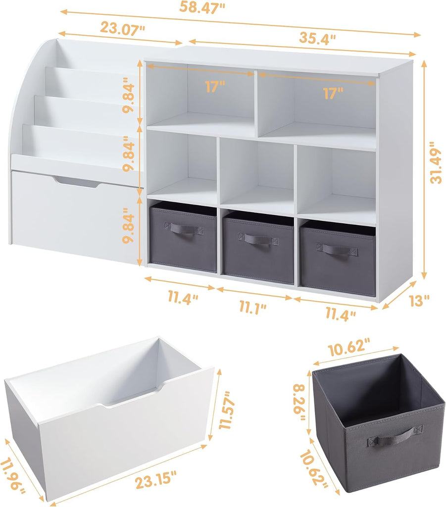 Kids Bookshelf and Toy Storage, 58.5'' Toy Storage Organizer with Movable Chests & 3 Storage Bins, Large Kids Reading