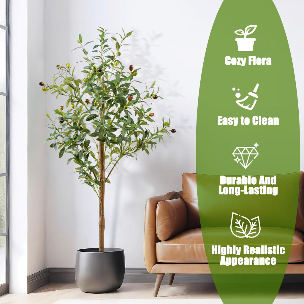 4FT Artificial Olive Tree Indoor, Tall Faux Olive Tree with Pot&Basket, Large Fake Olive Tree with Realistic 576 Silk