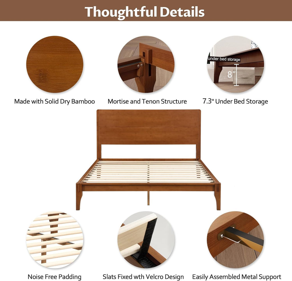 Queen Bamboo Platform Bed, Mid-Century Modern Bed Frame with Tall Headboard, Solid Sustainable Bedframe Queen-size
