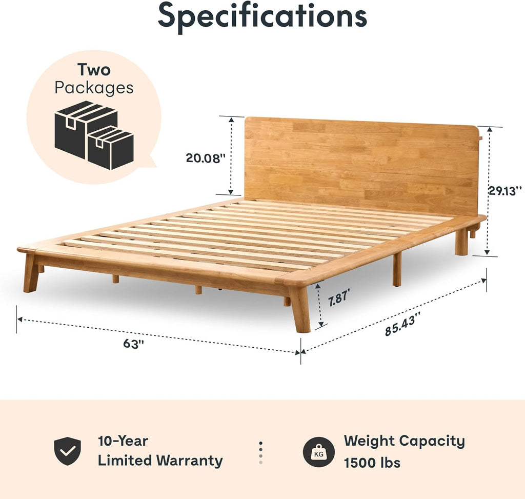 Hako G1 Solid Wood Platform Bed Frame Queen,Rubberwood,Tool-Free Assembly,Low Profile Floating,Storage Shelf&Charging