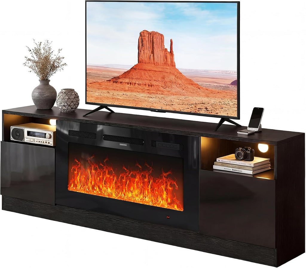 70" Fireplace TV Stand with 36" Electric Fireplace, LED Light Entertainment Center for TVs Up to 80", High-Gloss