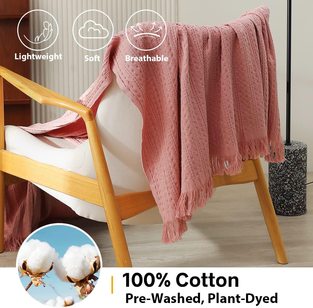 100% Cotton Throw Blanket, Waffle Weave Cable Knit Blanket with Tassels, Soft Lightweight Pre-Washed Breathable Cozy