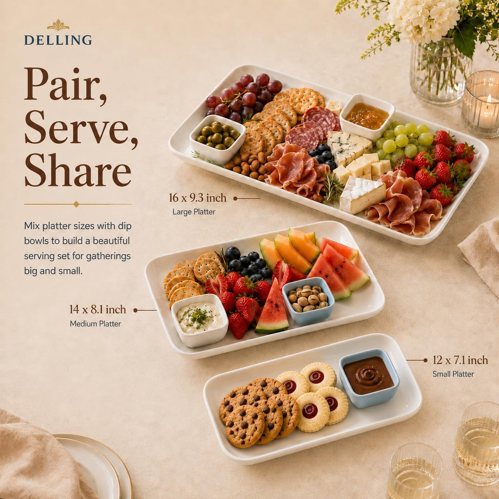 Large Serving Platter Set of 3, 16/14/12 Inch Porcelain Serving Trays for Party - White Ceramic Rectangular Platters