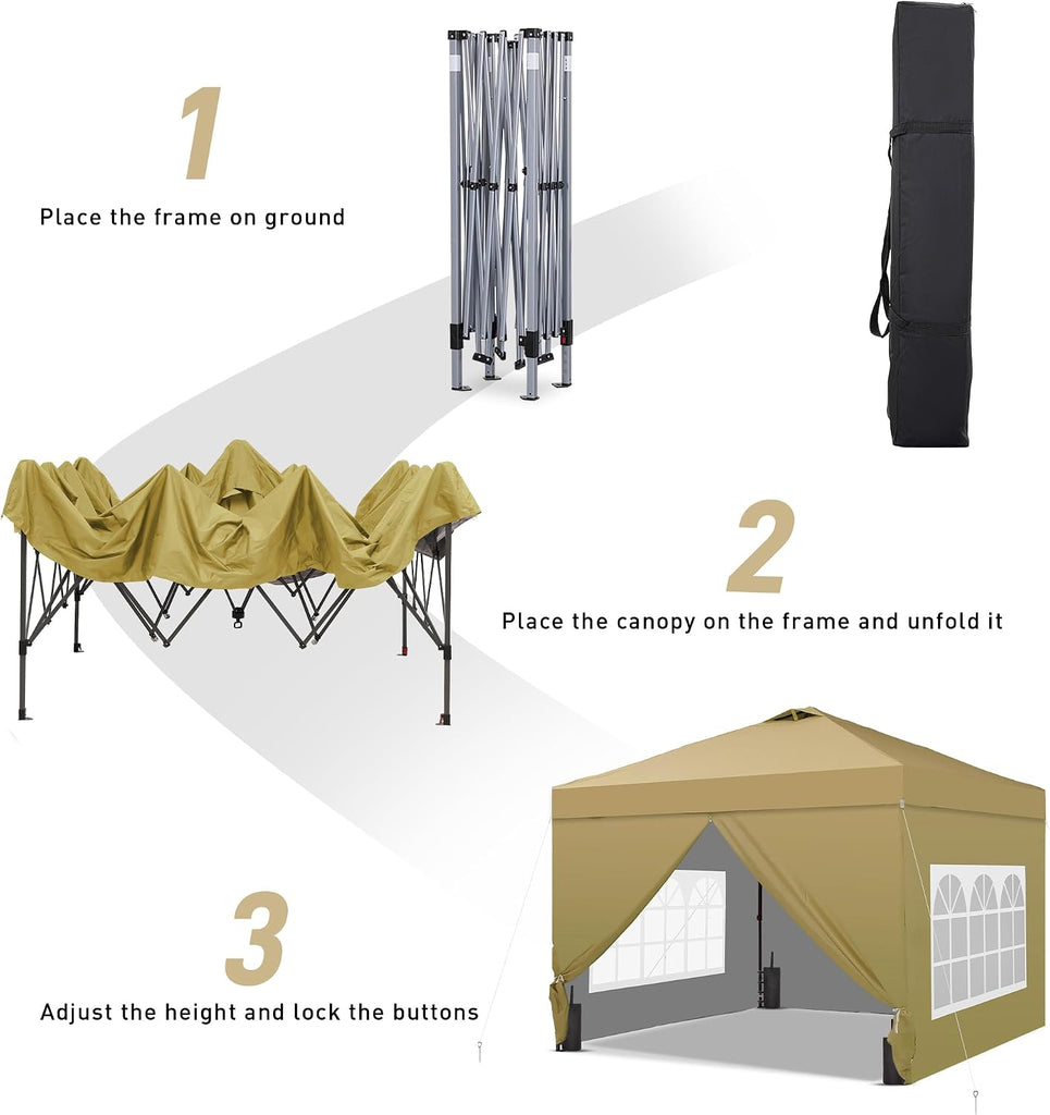 10'x10' Pop Up Canopy Tent, Portable Gazebo, Easy Up Outdoor Canopy for Events, Parties, Camping, Brown.