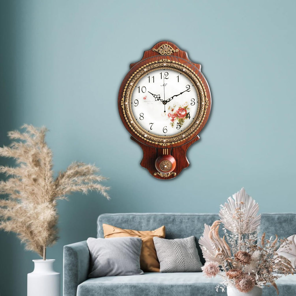 Wall Clock with Swinging Pendulum, Retro Style Silent Clock with Crystal Decoration, Vintage Decor European Victoria