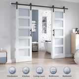 Double 24×84 Inch Glass Barn Door Slab and 8ft Hardware Kit Included, 5 Frosted Glass, LVL Wood Pane